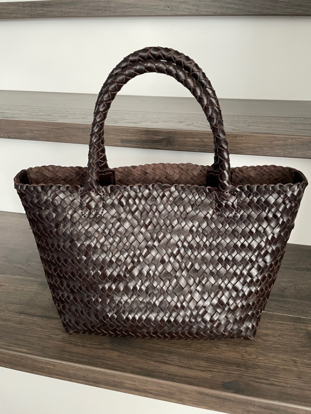 Madewell | Woven Leather Small Tote Bag in Dark Brown - Handheld Carry